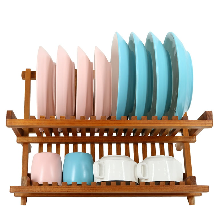 TEUOPIOE Teak Dish Drainer Rack Collapsible 2 Tier Dish Rack Dish Drying  Rack Foldable Plate Organizer Holder for Kitchen Compact