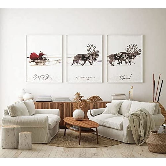 Canvas Picture 3 Pieces Canvas Christmas Santa Claus with a Sleigh Poster Wall Art Painting Gifts Artwork for Christmas Home Decor No Frame