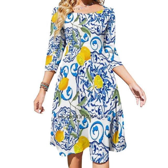 Vestido de escote cuadrado de estilo mediterráneo con fondo de mosaico de cítricos de verano, bonitos vestidos holgados con estampado elegante para fiestas en la playa