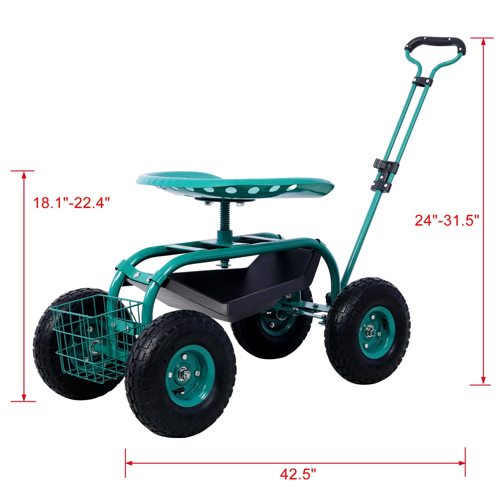 Miniyam Rolling Garden Cart with Seat, 300 lb Garden Scooter, Swivel Seat, 4 Wheels, Green