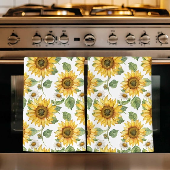 Sunflower Kitchen Towels Set of 2, Farmhouse Watercolor Botanical Summer Absorbent Dish Towels for Kitchen, Microfiber Hand Towel, Quick Drying Tea Towel for Cleaning Decorative Dishcloths