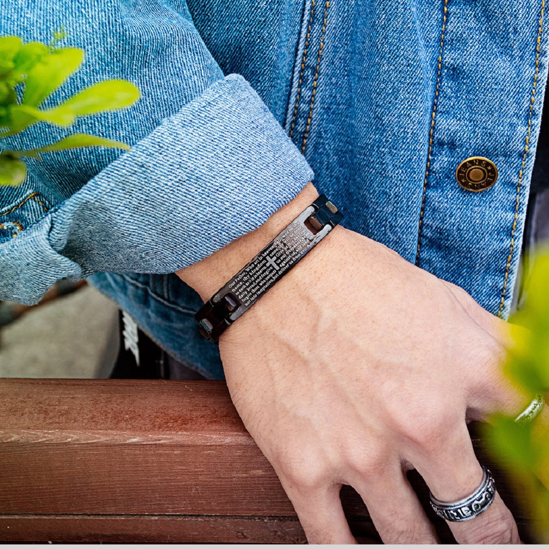 Fachoice Bible Quote Cross Bracelet for Men Bible Verse Link Chain Bracelet, Catholic Bible Cross Tag Bracelet Vintage Bible Lord Prayer Strap Bracelet Men‘s Cool Bible Quote Bracelet Jewelry