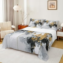 Manfei Adult Chic Watercolor Twin Sheet Sets, Gold Oil Printing Artwork Twin Fitted Sheet, Modern Fashion Abstract Flat Sheet, Breathable Home Decor, 3-Piece