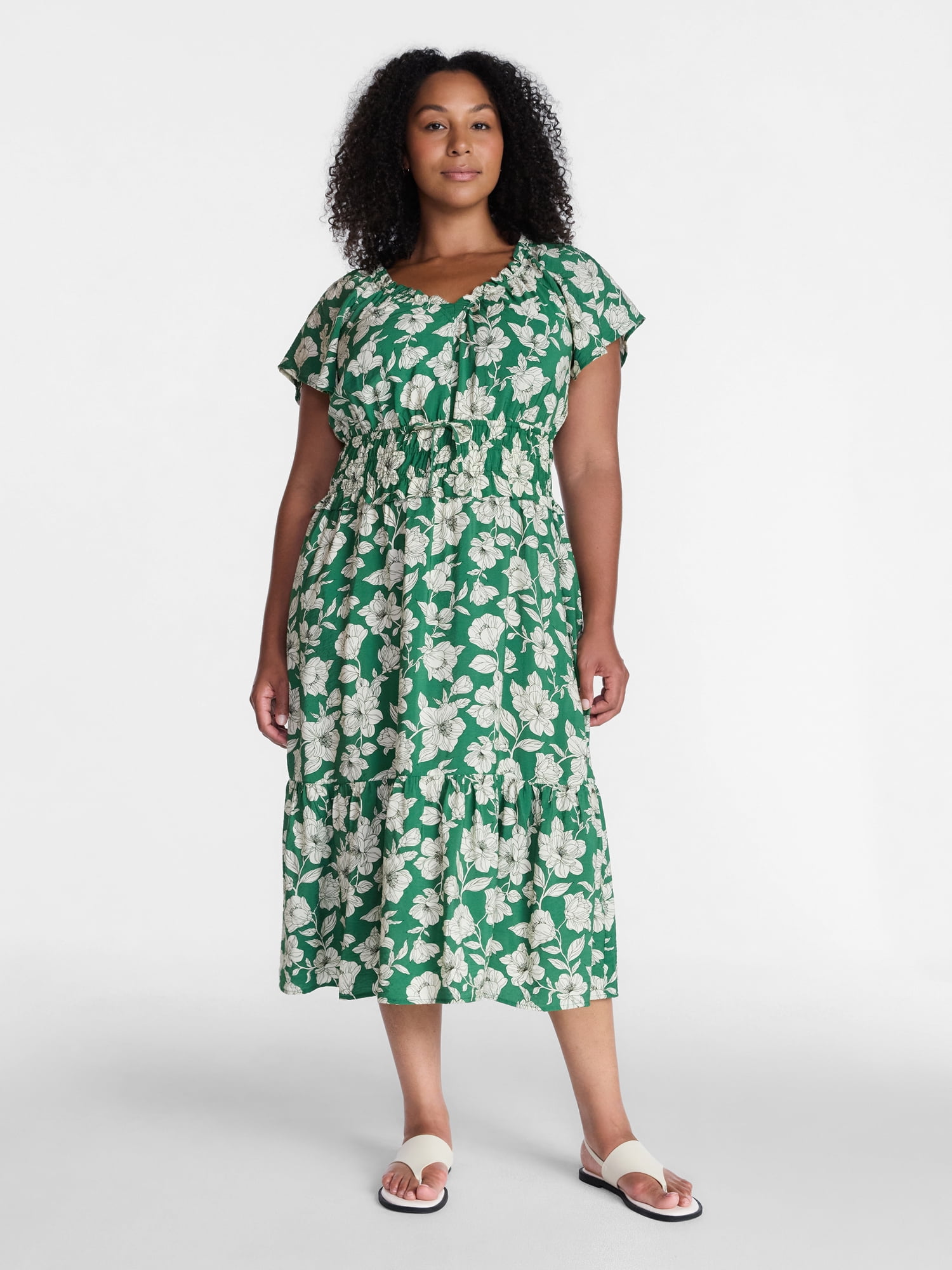 Time and Tru Women's Tiered Midi Dress with Flutter Sleeves, Sizes XS-XXXL