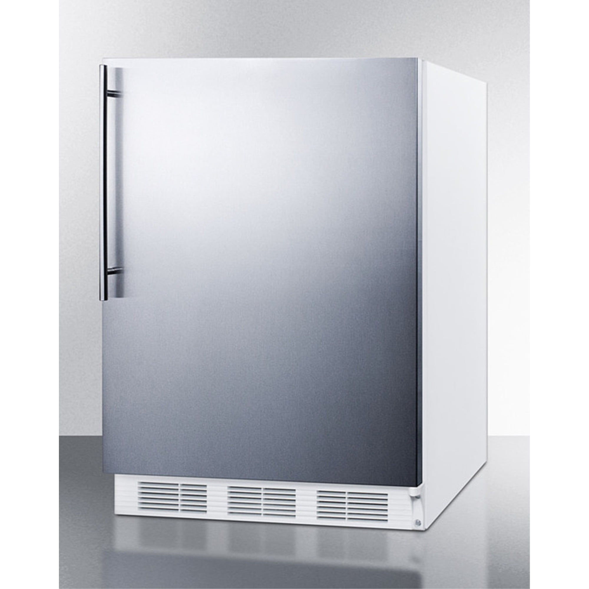 Built-in undercounter refrigerator-freezer for residential use, cycle defrost w/deluxe interior, stainless steel wrapped door, thin handle, and white cabinet