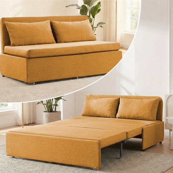 Puremind Pull Out Sofa Bed, Convertible Queen Sleeper Sofa with Mattress, Loveseat Pull Out Couch Bed with 2 Cushions for Small Place/Apartment/Office, Yellow