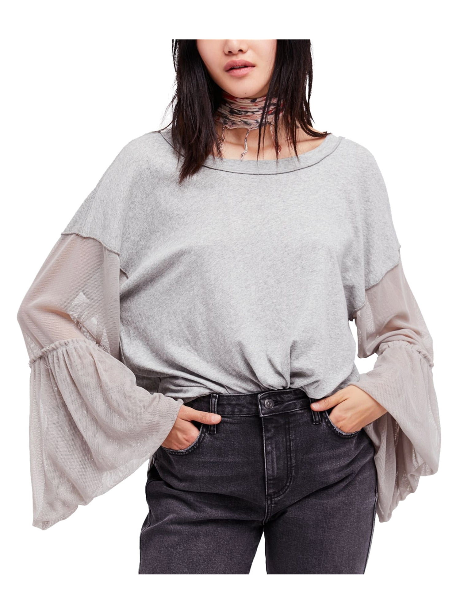 Free People Womens Ruffled Sleeves Basic T-Shirt