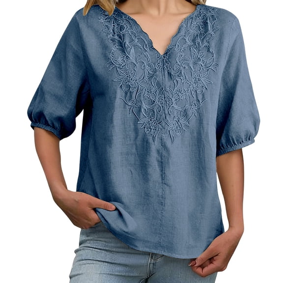 Tweang Cotton Tunic Tops for Women V Neck Embroidered Shirt Embroidery Plain Top Summer Floral Short Sleeve Tee Turn-down Collar Boho Summer Graphic Tees Cotton Yarn Long Sleeve Shirt Blue L