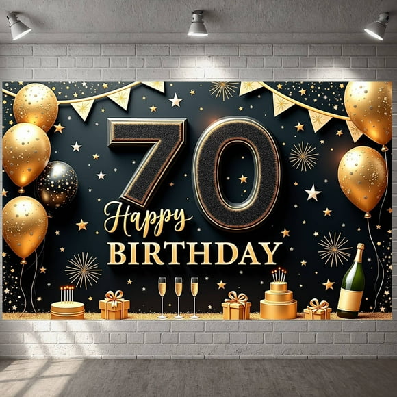 Golden Style 70th Birthday Banner Black Background Display Star Decor Gold Balloons 70th Celebration Backdrop for 70th Birthday Party Senior Celebration Milestone Event