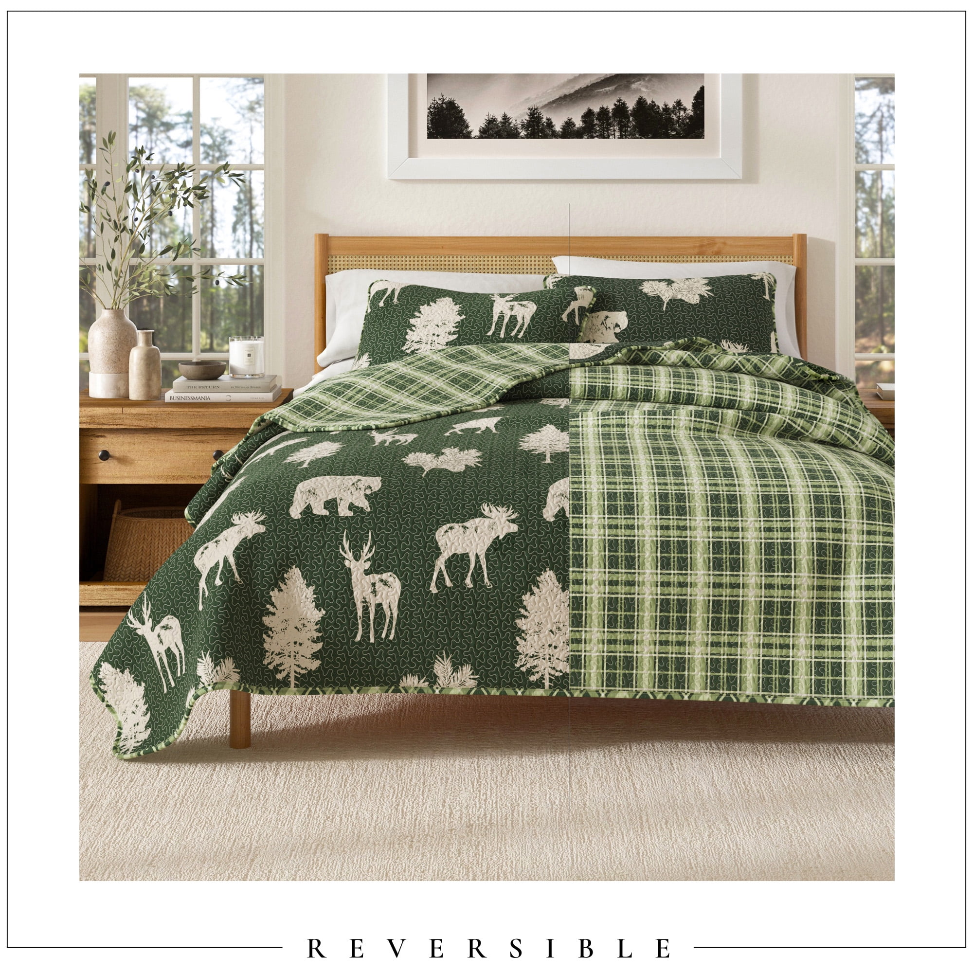 Great Bay Home Rustic Lodge Reversible Reversible Quilt Set With Shams (King, Rio Ridge - Forest Green)