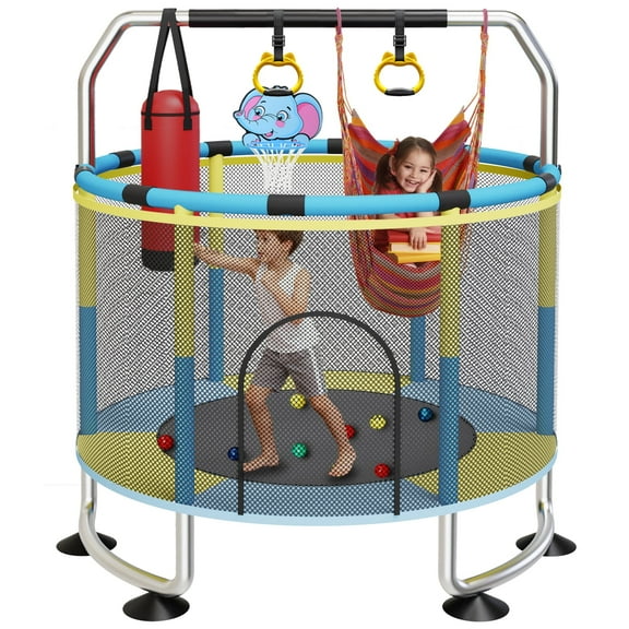 G TALECO GEAR Trampoline for Kids, Toddler Trampoline with Adjustable Gymnastics Bar & Toys, Indoor & Outdoor Round Small Trampoline Gift for Boys & Girls, 400lbs, Yellow & Blue