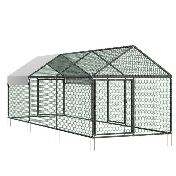 KFFKFF Metal Chicken Coop for 6-8 Chickens, 3.3 x 9.8 x 3.3 ft, Compact Poultry Cage with Weatherproof Cover & 3 Access Points, Sloped Roof Design Suitable for Rabbits, Hens, Geese, and Ducks