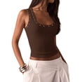 thumbnail image 2 of Women'S Studded Ribbed Knit Tank Top Square Neck Sleeveless Fitted Y2K Going Out Crop Tops Dark Brown L, 2 of 9