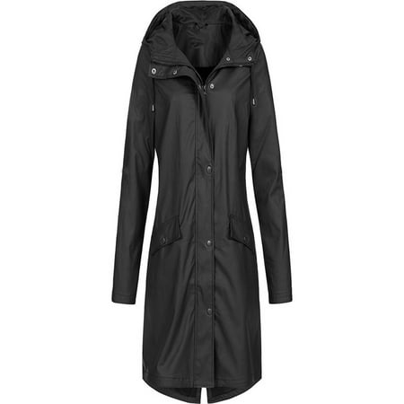 Women's Solid Rain Jacket Outdoor Hoodie Waterproof Long Coat Overcoat ...