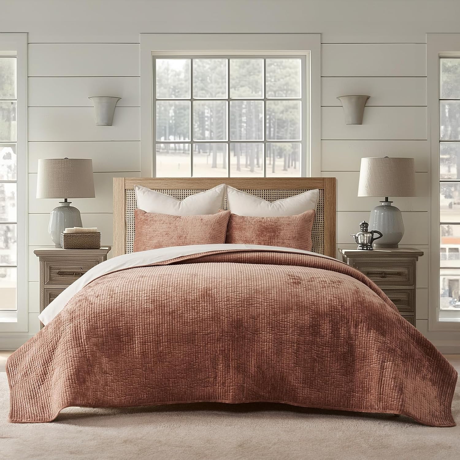 EVERGRACE Velvet Quilt Set King Size, Luxurious Soft Quilted Bedding Sets, Lightweight Velvet Comforter for All Season, Striped Channel Bedspread Coverlet with 2 Shams, Terracotta Clay