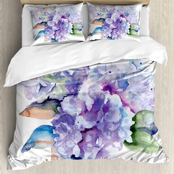 Yellow and Blue Duvet Cover Set Spring Flower Watercolor Flourishing Vibrant Blooms Design Decorat