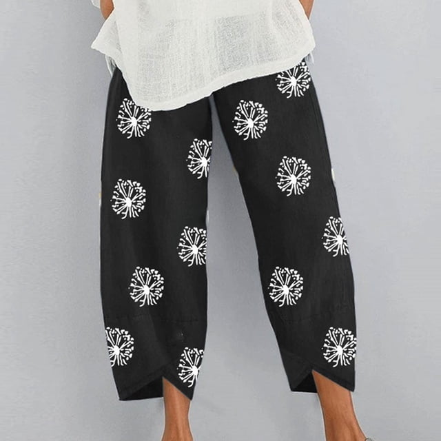 VEKDONE Womens Cotton Linen Pants Print Long Pants Black S