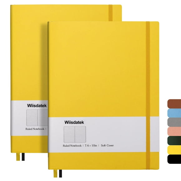 Wiisdatek Cuadernos B5 con rayas universitarias, paquete de 2 cuadernos grandes B5 con 376 páginas numeradas, papel rayado grueso de 100 g/m², cubierta de cuero PU suave, 7,6 x 10 pulgadas (AMARILLO)