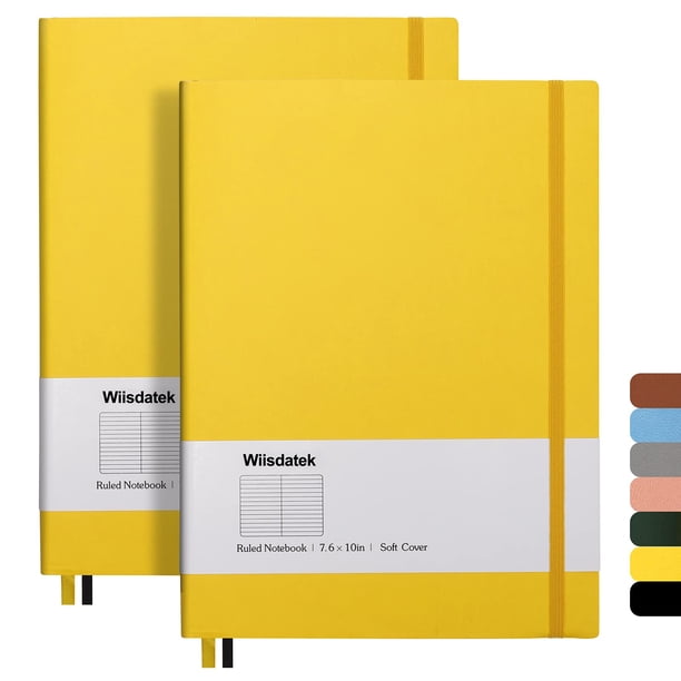 Wiisdatek Cuadernos B5 con rayas universitarias, paquete de 2 cuadernos grandes B5 con 376 páginas numeradas, papel rayado grueso de 100 g/m², cubierta de cuero PU suave, 7,6 x 10 pulgadas (AMARILLO)