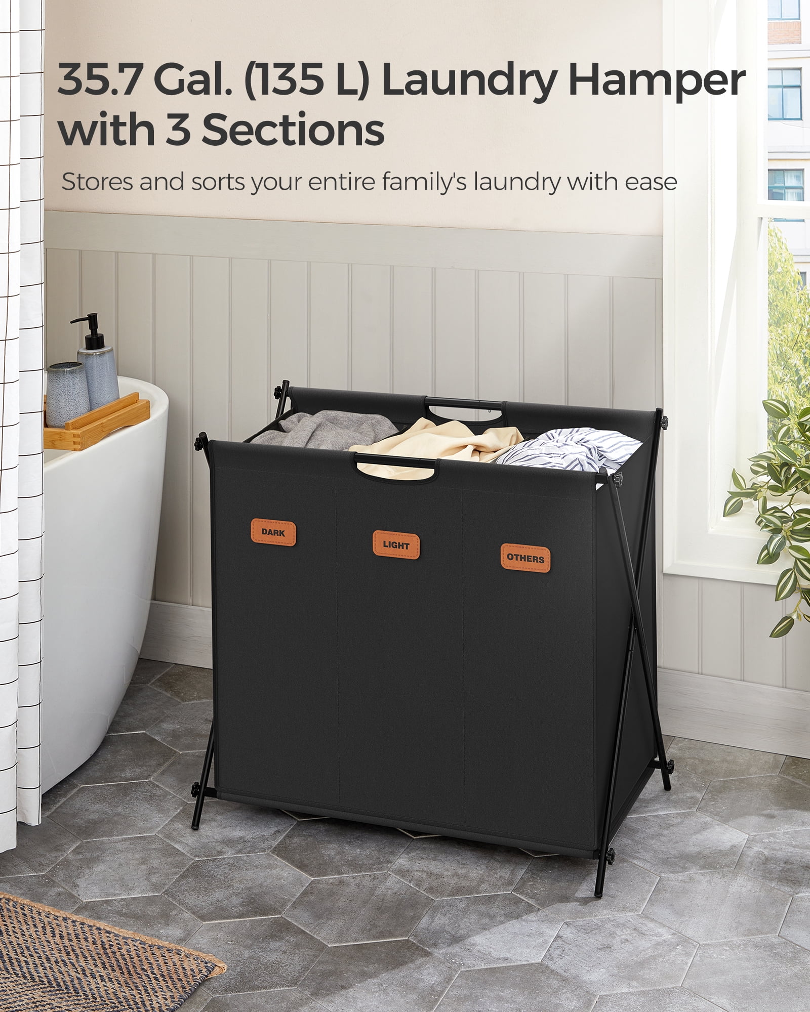 Generic 135L Laundry Hamper, 3 Sections, Collapsible X-Frame