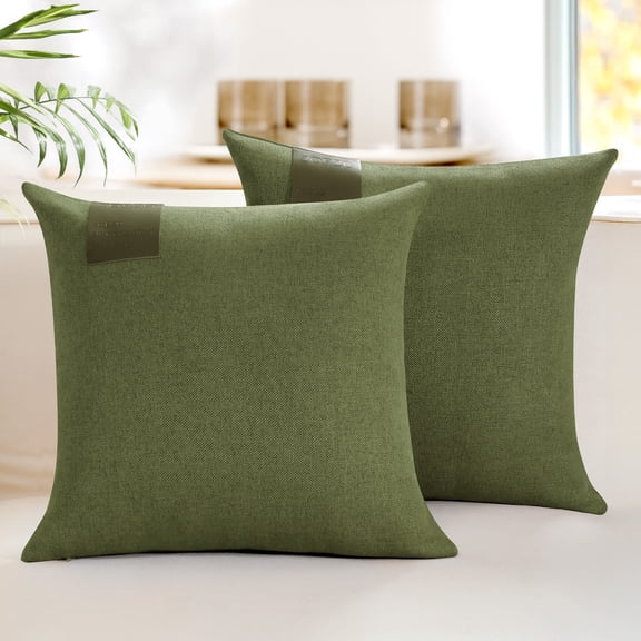 ZOPZO Decorative Throw Pillow Covers Pack of 2, Olive Green, 18x18 Inch, Linen Cushion Cases with Leather Label, Boho Accent for Sofa Couch Bed