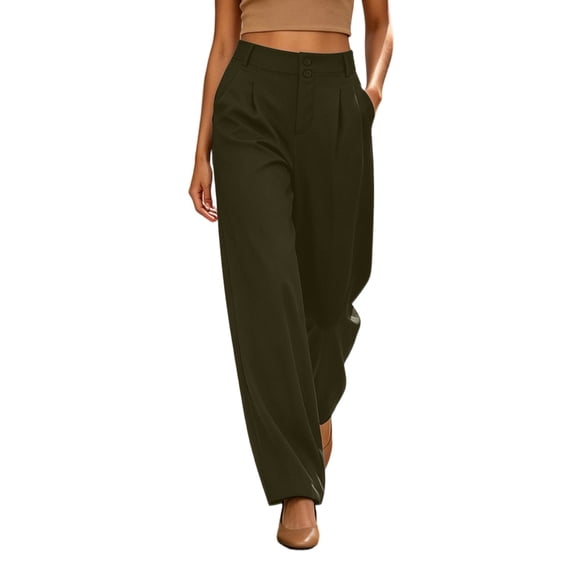 VEKDONE Women's Formal Dress Pants Solid Color Bissiness Straight Trousers Summer Casual Elastic Waist Suit Pants Button Zipper Office Work Long Pants with Pockets Army Green XXL
