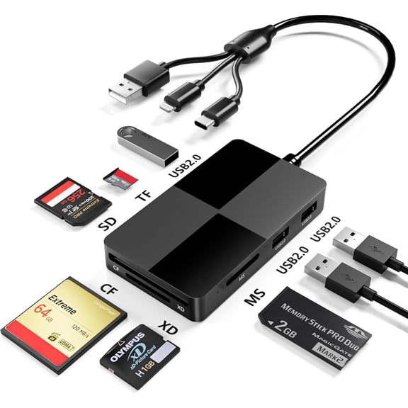 Memory Stick Pro Duo Adapter Reader - 8 in 1 XD/MS/TF/CF/SD Card Reader for iPhone/PC/Android/Lightning Device, Multi Memory Card Reader with 3 USB 2.0 Ports, USB C OTG Adapter XD Picture Card