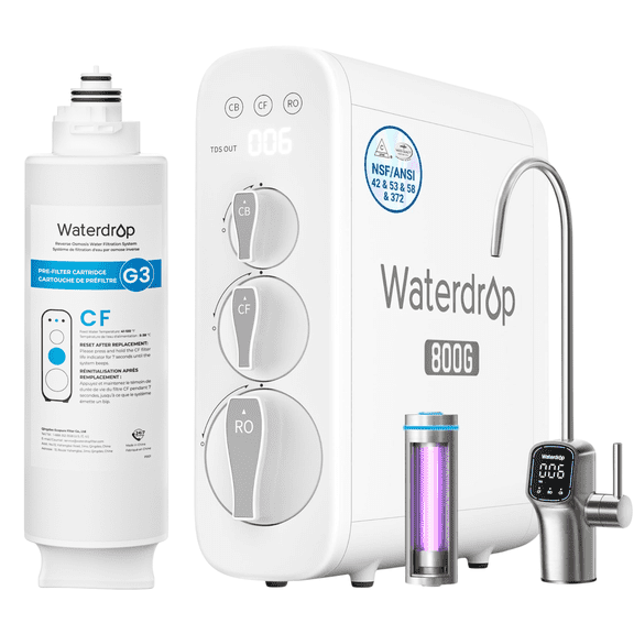 Restored Waterdrop G3P800 Reverse Osmosis System, 800 GPD Fast Flow, NSF/ANSI Certified, 3:1 Pure to Drain, LED Purifier, Smart Faucet, with G3-N1CF water filter (Refurbished)