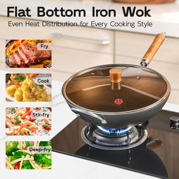 12.6" Flat-Bottom Iron Wok with Glass Lid, Uncoated Stir-Fry Pan, Fast-Heating Refined Iron, Induction/Gas/Electric Compatible, Wooden Handle (Seasoning Required)