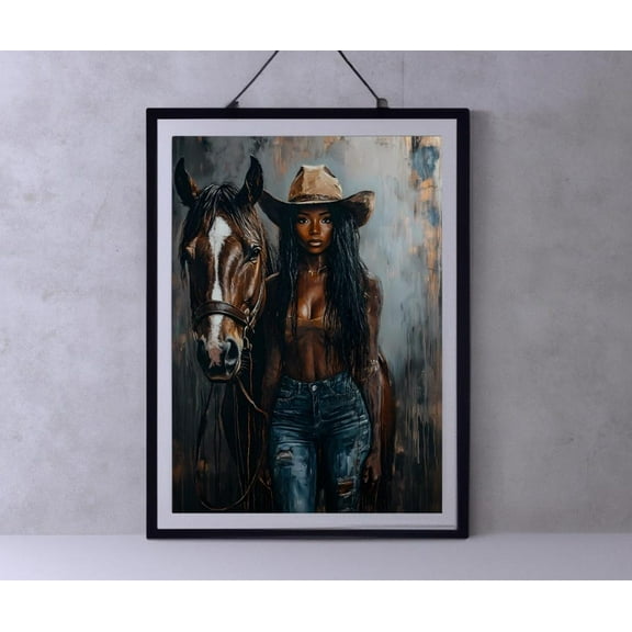 Cowgirl Portrait Art Print, Black Woman Cowboy, Modern Western Art, Rustic Home Decor, Horse And Rider, Female Cowboy Aesthetic Wall Art, Modern Wall Decor, 8x12 UNFRAMED