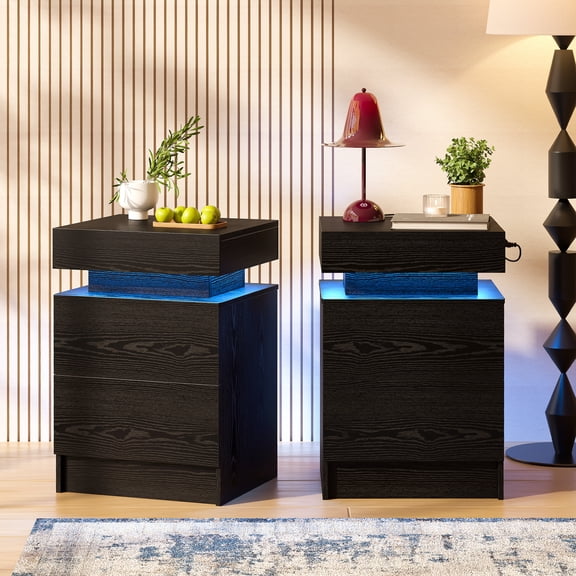 LIKIMIO Modern Black Nightstand Set of 2 with USB Charging Station and LED Lights, 2-Drawer Bedside End Table Furniture for Bedroom, Living Room & Office