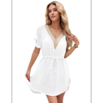 thumbnail image 1 of Robe de Plage Ample à Manches Courtes pour Femmes, Col en V Profond, Blanc, TTG, 1 of 8