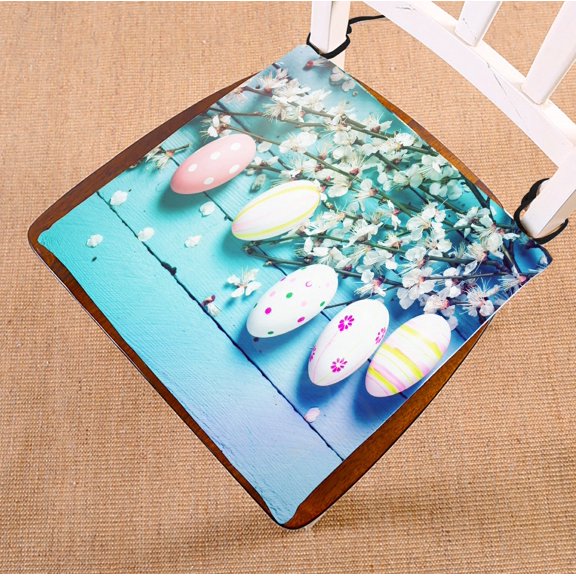 PHFZK Happy Easter Chair Pad, Colorful Easter Eggs on Wooden Seat Cushion Chair Cushion Floor Cushion Two Sides Size 16x16 inches