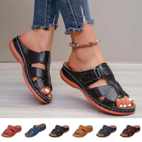 Zefriona Women's Casual Wedge Sandals Slip On Orthopedic Arch Support Breathable Open Toe Beach Slippers Black Size 6