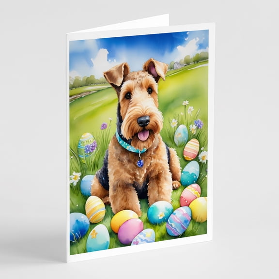 Airedale Terrier Easter Egg Hunt Greeting Cards Pack of 8 7 in x 5 in