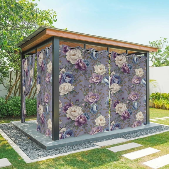 Outdoor Curtains for Patio Waterproof, Spring Flowers Outdoor Privacy Panels Grommet, Farmhouse Retro Botanical Purple Blue Floral Blackout Outside Curtains for Porch/Cabana 54"x84", 2 Panels