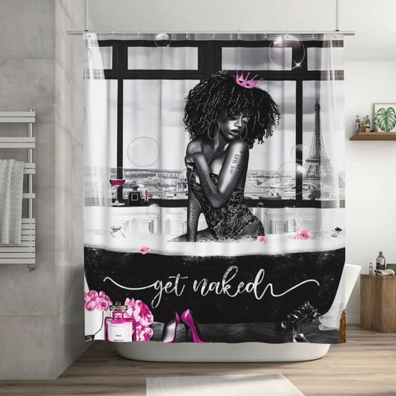 African American Woman Shower Curtain Black Girl Get Naked Polyester Shower Curtain, Comes with 12 Plastic Hooks,70.8" x 70.8"