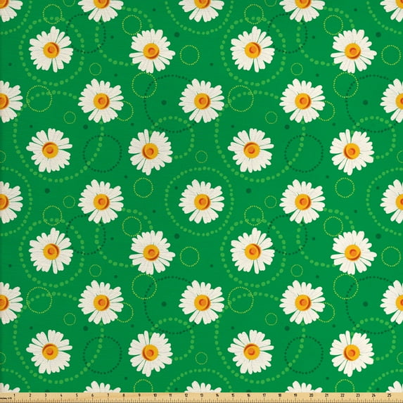 Floral Fabric by the Yard Upholstery, Image of Chamomile Flowers and Circles from Dots on Backdrop, Decorative Fabric for DIY and Home Accents, Forest Green Ivory and Marigold by Ambesonne