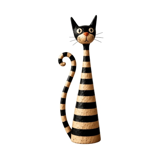 Tall Cat Statue with Striped Body and Curled Tail, Single Piece, Black and Beige Resin, for Living Room Shelf, Whimsical Figurine Decoration