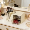 thumbnail image 5 of Bcylexb Rotatable Makeup Pen Brush Holder Organizer, Vertical Strip Transparent Cosmetic Storage with 2 Drawers Multi Compartment Pen Holder for Vanity Student Office Stationery, 5 of 6