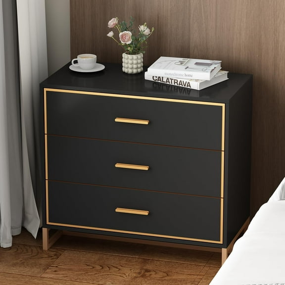 Homsee Black Nightstand with 3 Storage Drawers, Modern Wooden Night Stand, Versatile Sofa Bed End Side Table with Gold Legs & Handles, 31.5" W x 15.7" D x 28.7" H