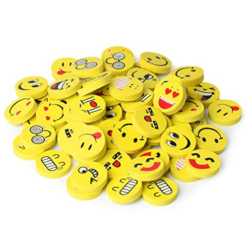 8 Kid's Novelty School Yellow Large Rubber Erasers Emoji Emoticon Smiley Faces 