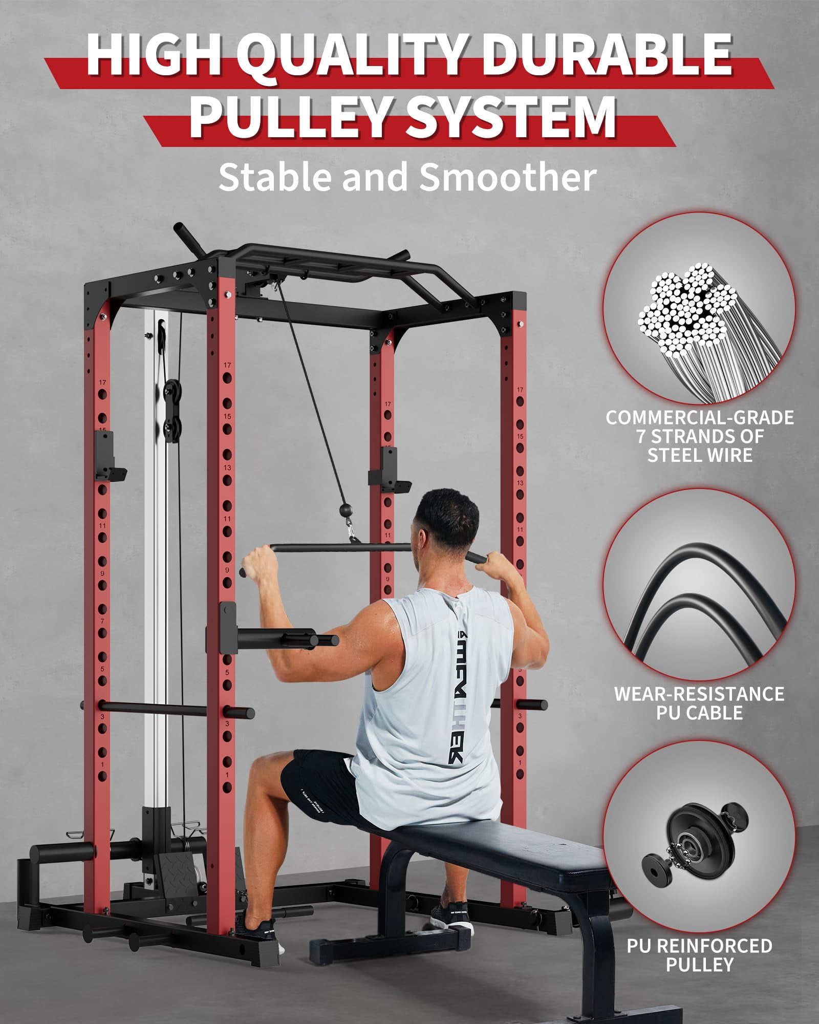 Power Cage with LAT Pull Down System, Multi-Functional Squat Rack with Low Row System, J-Hooks, Dip Bars, Pull Up Bar, 2000 LB Heavy Duty Power Rack Fitness Equipment for Home Gym