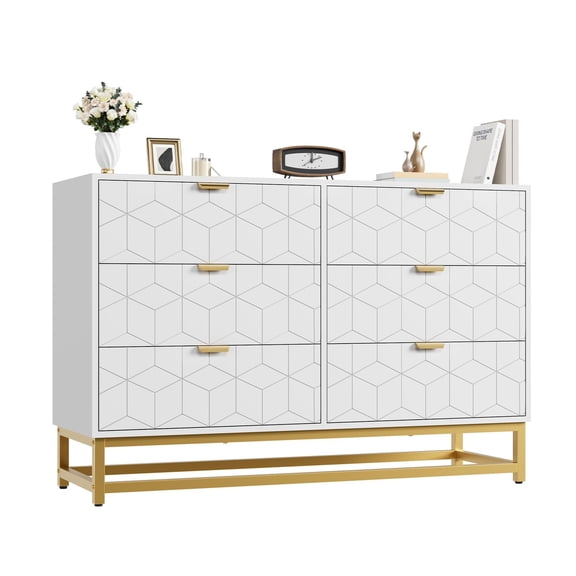 Modern 6 Drawer Dresser for Bedroom, 53.5'' Wide Chest for Living Room, TV Stand, Closet, White