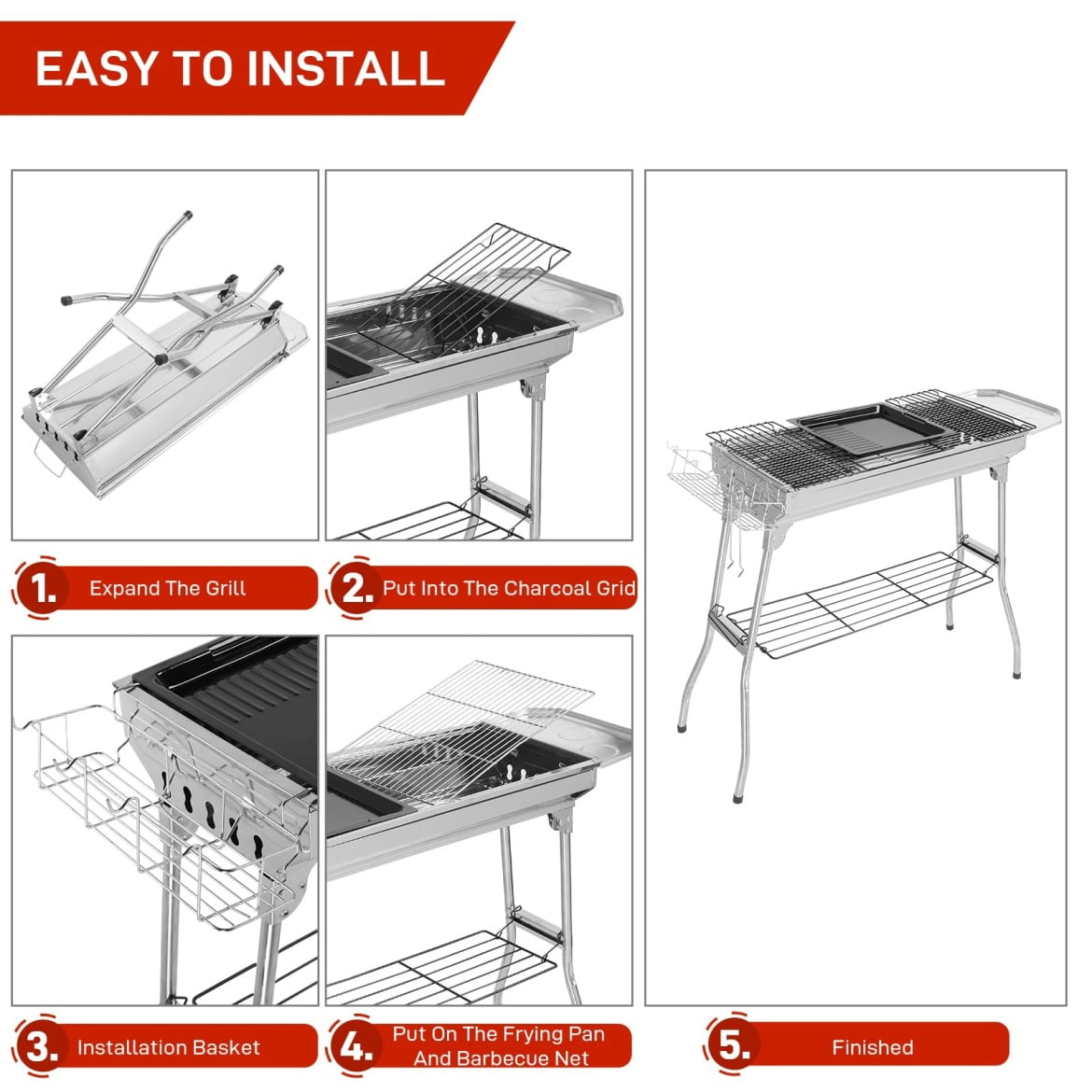 Portable Charcoal Grill, Foldable Barbecue Grill, 39 x 12x 28" Stainless Steel BBQ Grill for Outdoor Cooking Camping Hiking Picnic Garden Beach Party (Large)