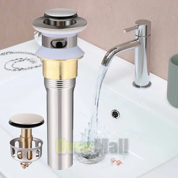 Bathroom Sink Pop-Up Drain Brush Nickel Vessel Basin Stopper W/ Overflow 1-1/2"