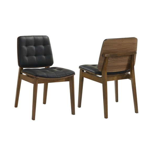 Set of 2 Black Tufted Leatherette Upholstered Dining Chairs, Walnut | Mid-century modern design, cushioned comfort, ideal for dining rooms or kitchens