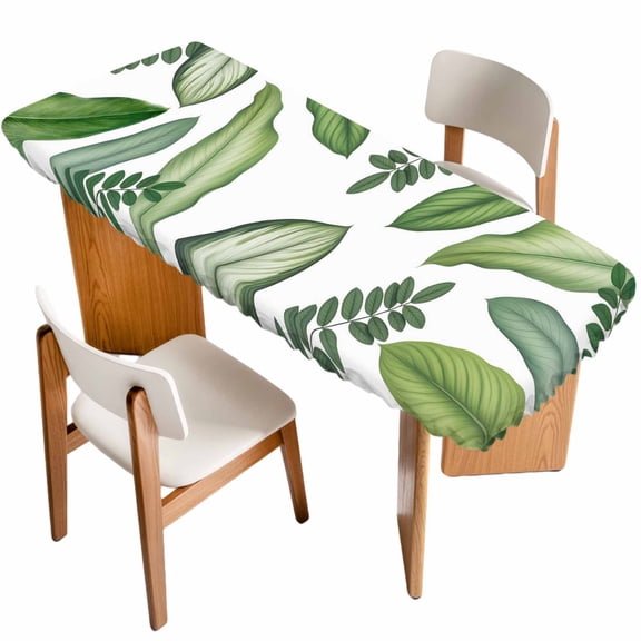 Green Leaves Table Cloths for 8 Foot Rectangle Tables, Tropical Summer Botanical Watercolor Elegant Leaf Patio Waterproof Elastic Fitted Tablecloths, Washable Rectangular Table Cover for Camping