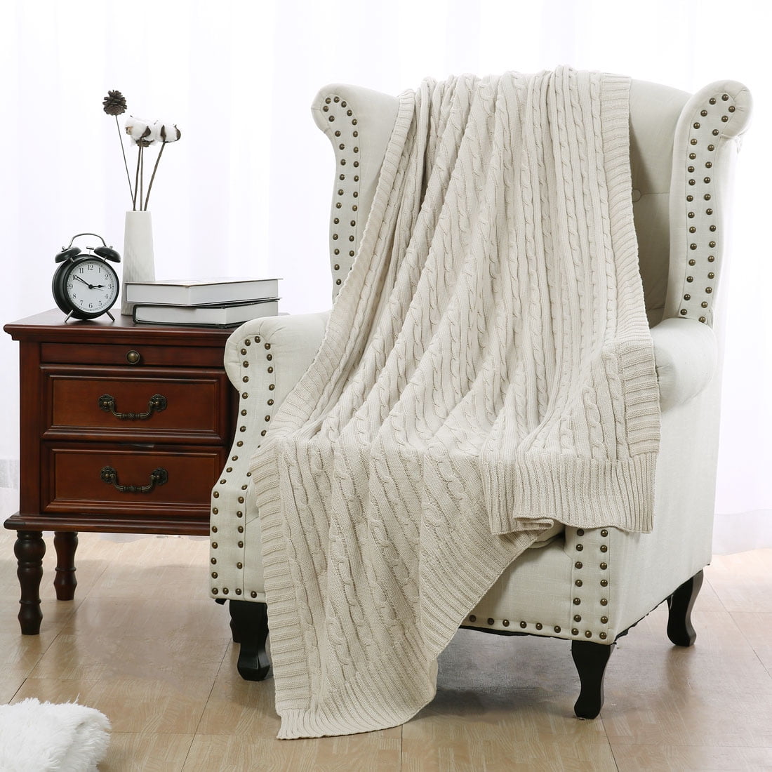 Cotton Knitted Throw Blanket Soft Warm Cable Knit Blanket , Nude