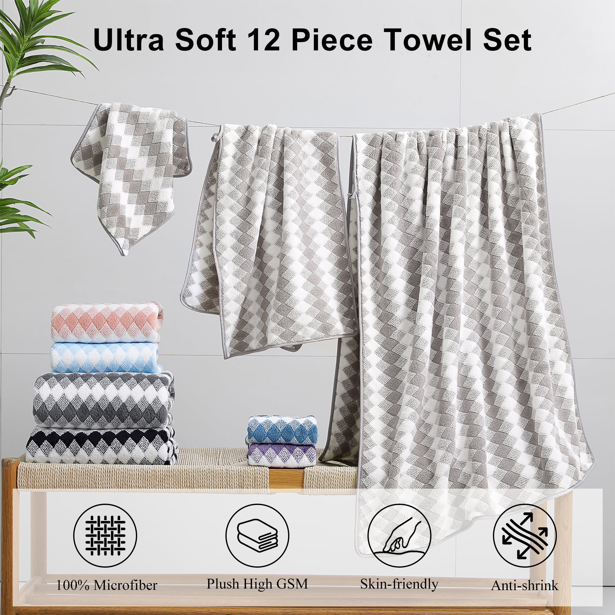 Jessy Home 12 Piece Light Gray Towel Set Soft Bath Towel for Bathroom-4 Bath Towels, 4 Hand Towels, 4 Washcloths Highly Absorbent Bath Sheet for Hotel & Spa